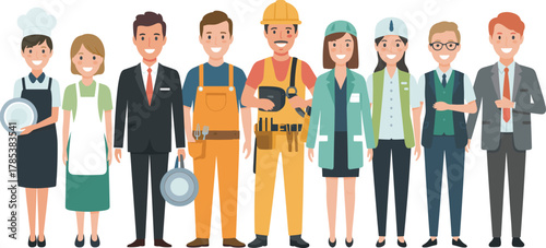 Cartoon characters of diverse professions, chef, waitress, businessman, construction worker, doctor, teacher, office staff, teamwork concept, occupational illustration, career guidance