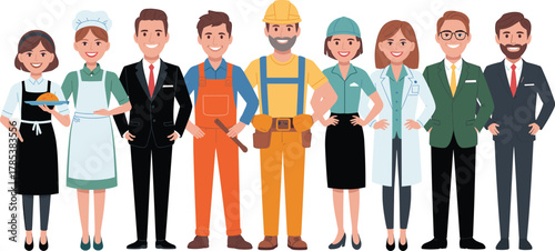 Cartoon characters diverse professions, waitress, chef, businessman, construction worker, engineer, doctor, scientist, teamwork, occupational roles, career illustration, workforce diversity,