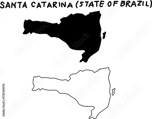 Black and white silhouette map of Santa Catarina, state of Brazil. Simple outline and solid fill style ideal for geography, education, travel, and design use.

