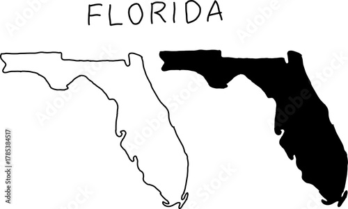 Minimalist illustration of Florida state map showing outline and filled silhouette. Simple black and white vector design ideal for travel, education, or decor.
