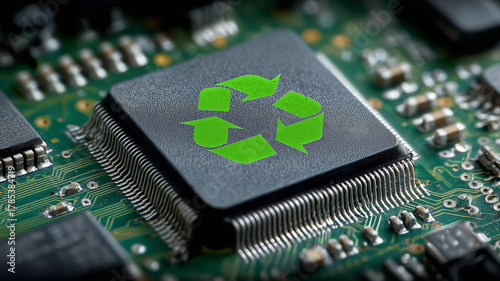 Processor marked with a recycle emblem, communicating sustainable electronics and circular economy practices such as repair, reuse and responsible materials management.
