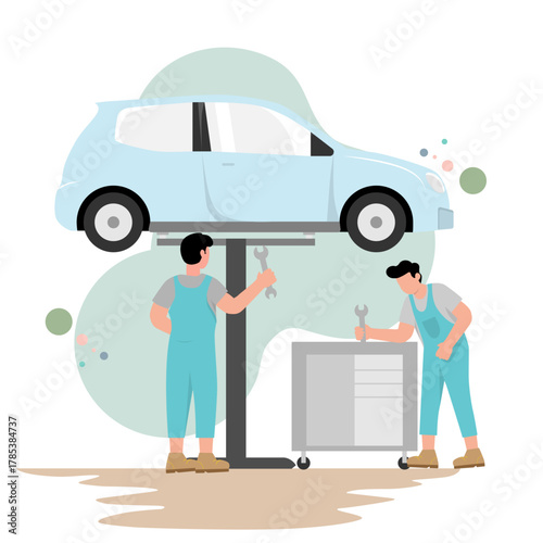 Modern flat vector of auto technicians repairing a car on a hydraulic lift. Clean, minimal illustration with a soft pastel color palette, ideal for automotive service, vehicle maintenance.