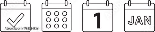Calendar icons showing checkmark grid number and month vector