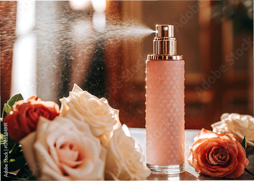 Elegant pink rose water spray bottle with blooming roses and petals, soft mist effect, natural skincare and cosmetic concept, bright floral still life in luxury spa style.