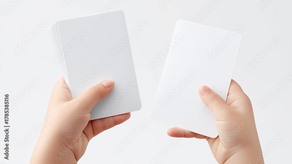 Obraz premium Two blank cards held for comparison and selection, illustrating choice, decision making, and message design for branding, surveys, product testing, and simple communication strategies. 