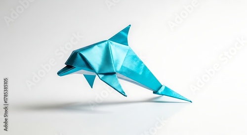 Vibrant Blue Origami Dolphin Floating on Clean White Background Minimalist Paper Art