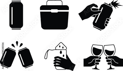 Black and white beverage icons showing cans, juice boxes, wine glasses, cooler, hand gestures, celebration, spray, and drink moments