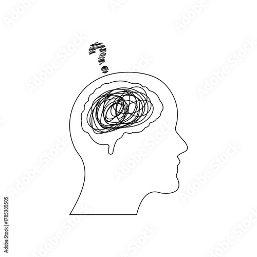 Outline of Head with Confused Brain Messy Scribble Question Mark Stress Concept Vector