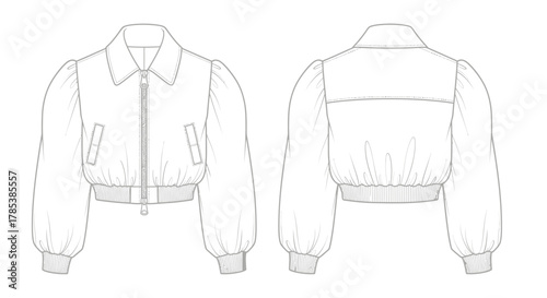 Technical sketch of cropped bomber jacket with puff sleeves design