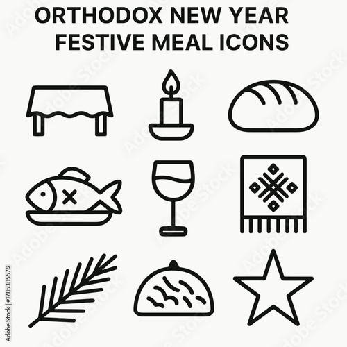 Orthodox New Year Feast. Orthodox New Year Festive Meal outline icon set: dining table, lit candle, bread loaf, roasted fish, wine glass, embroidered cloth, pine branch, golden