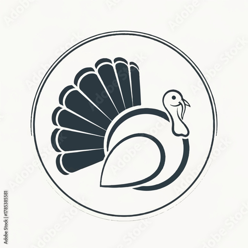 Minimalist black and white turkey icon design, perfect for holiday greetings or autumn season celebrations, a classic poultry emblem in a simple circle concept