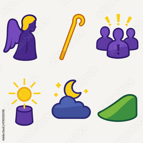 Heavenly Icon Set. Heavenly Message modern flat icon set: angel silhouette, staff, startled flock, shining light, night cloud, hillside.