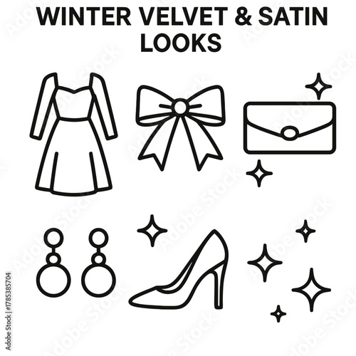 Elegant Winter Fashion Icons. Winter Velvet & Satin Looks outline icon set: velvet dress, satin ribbon, clutch bag, pearl earrings, high heels, shimmer.