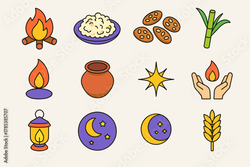 Lohri Festive Icons. Lohri Sacred Offering modern flat icon set: bonfire center, plate of popcorn, sesame seeds, rewari sweets, sugarcane stalks, holy flame, clay vessel, glowing