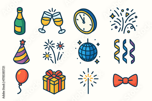 New Year's Icon Festivities. New Year’s Eve Party & Celebration modern flat icon set: champagne bottle, clinking glasses, clock striking midnight, confetti, party hat, fireworks,