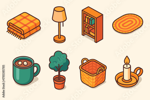 Cozy Decor Icons. Cozy Home Decor modern flat icon set: plaid blanket, floor lamp, bookshelf, woven rug, mug of cocoa, indoor tree, storage basket, candle holder.