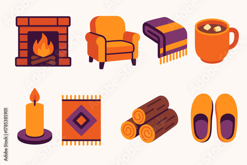 Cozy Winter Essentials. Warm Fireplace Gathering modern flat icon set: crackling fire, armchair, wool blanket, mug of cocoa, candle, rug, log pile, slippers.