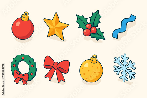 Modern Tree Decor Icons. Classic Tree Decor modern flat icon set: red ornament, gold star, holly sprig, tinsel, wreath, ribbon, glitter ball, snowflake.