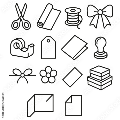 Gift Wrapping Icons. Elegant Gift Wrapping outline icon set: scissors, wrapping paper roll, ribbon spool, bow knot, tape dispenser, tag card, folded tissue, sealing wax, string tie