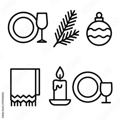 Festive Table Decor Icons. Seasonal Table Decor outline icon set: plates, glasses, pine branch, ornament, table runner, candlelight.