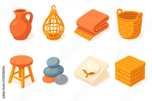 Natural Material Icons. Natural Material Accents modern flat icon set: clay jug, rattan lamp, linen throw, jute basket, wooden stool, pebble decor, cotton fabric, bamboo box.