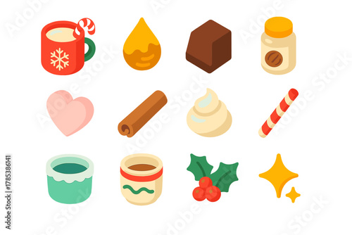 Festive Flavor Icons. Festive Flavors modern flat icon set: peppermint mug, caramel drizzle, chocolate chunk, nutmeg jar, marshmallow heart, cinnamon stick, cream swirl, striped