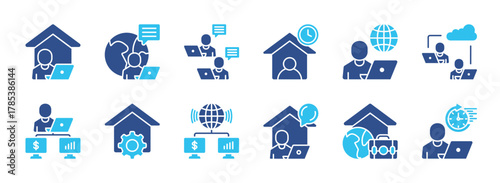 Work At Home color icon set collection. containing remote worker, freelance, office employee, stay at home, internet work, remote teamwork, worker, management, shared network, location, job