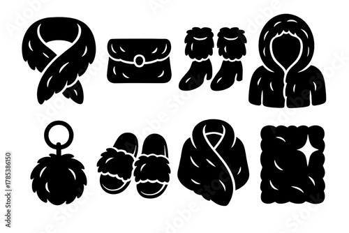 Chic Fur Icons. Chic Fur Details bold vector icon set: fur stole, clutch bag, ankle cuffs, jacket hood, pom-pom keychain, fur slippers, cozy wrap, soft sheen.