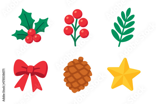 Festive Foliage Icons. Classic Holiday Foliage modern flat icon set: holly sprig, berry cluster, leaf pattern, bow, pinecone, star.