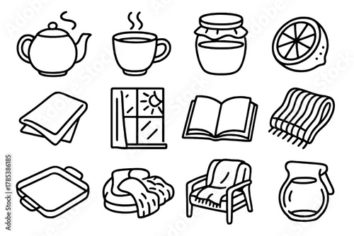 Cozy Afternoon Tea. Afternoon Warmth outline icon set: teapot with steam, ceramic cup, honey jar, lemon slice, linen napkin, sunlight through window, open book, cozy blanket,