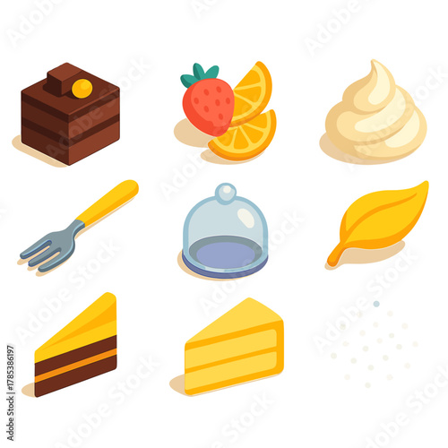 Elegant Dessert Icons. Elegant Desserts modern flat icon set: chocolate torte, fruit garnish, whipped cream, gold leaf, pastry fork, glass dome, delicate slice, sugar dust.