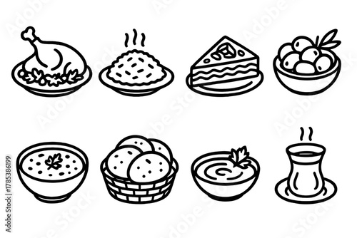 Middle Eastern Feast. Middle Eastern Festive Meals outline icon set: roasted lamb platter, saffron rice, baklava slice, olives bowl, lentil soup, pita basket, tahini sauce dish,