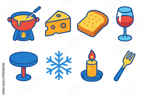 Winter Dining Icons. Winter Dining modern flat icon set: fondue pot, cheese wedge, bread slice, wine glass, table, snowflake, candle, fork.