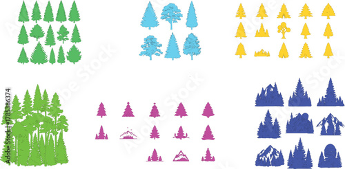 The image features a collection of small graphics, each representing a distinct group of trees or mountains, arranged systematically in rows and columns.