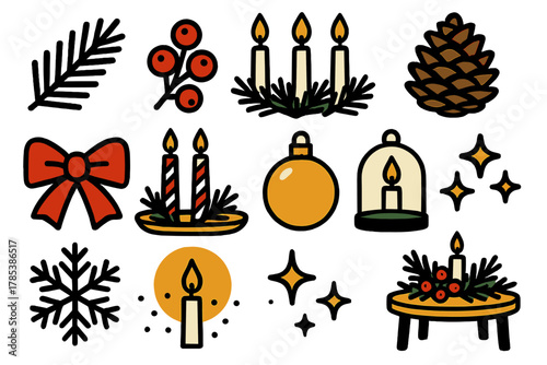 Festive Candle Icons. Holiday Candle Centerpiece bold vector icon set: evergreen branches, berries, taper candles, pinecones, ribbon, golden tray, ornaments, glass dome, snowflakes