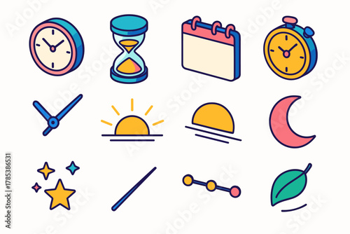 Time Icon Set. Moments in Motion modern flat icon set: clock face, hourglass, calendar page, stopwatch, watch hands, sunrise, sunset, moon, stars, shadow line, timeline bar, leaf