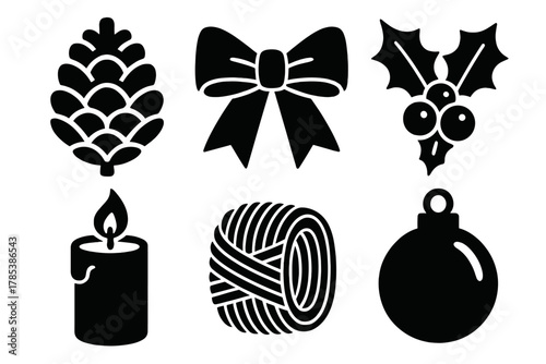 Brutalist Holiday Icons. Holiday Wreath Making bold vector icon set: pinecone, bow, holly leaves, candle, twine, ornament.