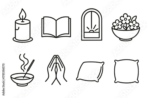 Peaceful Sanctuary Icons. Peaceful Sanctuary outline icon set: candle flame, open book, soft cushion, incense smoke, arched window, flower bowl, gentle light, folded hands.