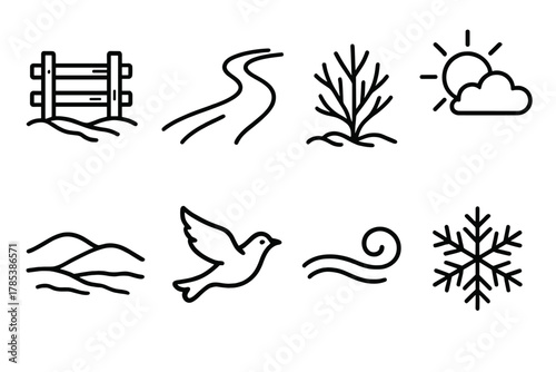 Frozen Plains Icons. Frozen Plains outline icon set: fence line, snow trail, leafless bush, cloudy sun, rolling hill, bird, mist curve, snowflake.