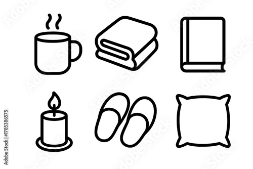Cozy Icons Collection. Comforting Routines outline icon set: steaming mug, blanket, book, candle, slippers, pillow.