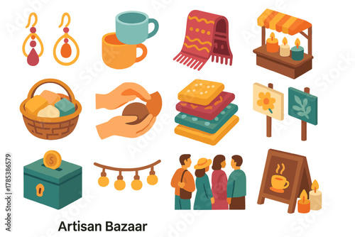 Vibrant Artisan Icons. Artisan Bazaar modern flat icon set: handmade jewelry, ceramic mugs, knitted scarves, candle stall, basket of soaps, artisan hands, fabric patterns, painted