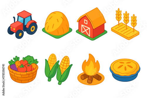Harvest Festival Icons. Rural Harvest Celebration modern flat icon set: tractor, haystack, barn, wheat field, baskets of vegetables, corn ears, bonfire, pie dish.