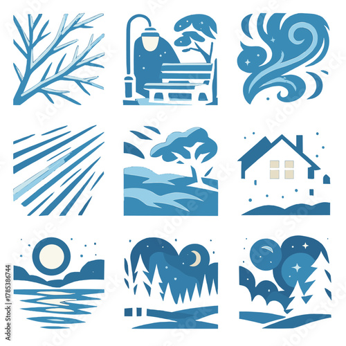 Winter Icon Serenity. Frozen Evening bold vector icon set: icy branches shimmering, streetlamp glow, quiet park bench, frosty air, light trails, snow-covered ground, glowing