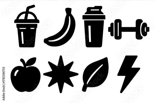 Bold Nutrition Icons. Nutrition Boost bold vector icon set: smoothie cup, banana, protein shaker, barbell, apple, spark, leaf, lightning bolt.