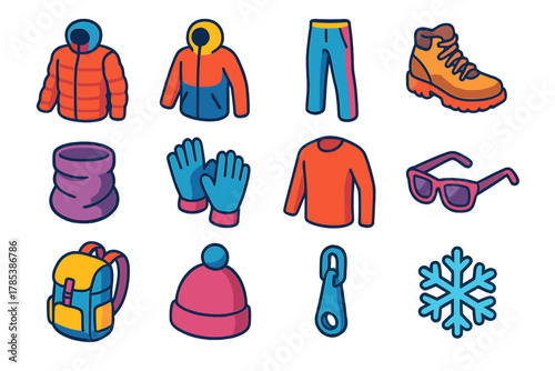 Mountain Wear Icons. Mountain Wear Essentials modern flat icon set: insulated jacket, ski parka, snow pants, hiking boots, neck gaiter, gloves, thermal top, sunglasses, backpack,