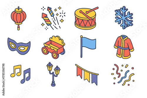 Festive Icon Collection. Global Winter Celebrations modern flat icon set: lanterns, fireworks, drums, snowflakes, mask, parade float, flag, traditional costume, music notes, street