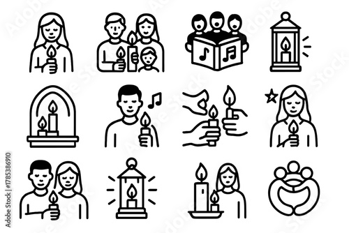 Candlelight Unity Icons. Community Candle Service outline icon set: people holding candles, choir silhouettes, songbook, lantern, altar candles, church arch, warm light, music note