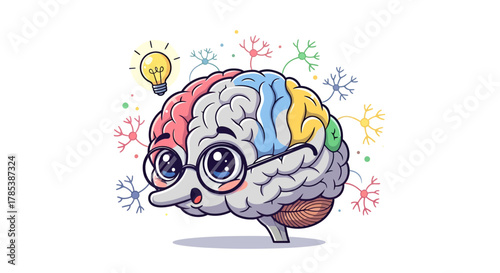 Enlightened intellect concept with lightbulb and brain wearing glasses illustration