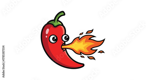Fiery red pepper cartoon character with expressive eyes and flame breath effect