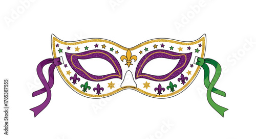Festive masquerade mask illustration with ribbons and stars perfect for carnival celebrations